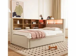 Hot Merax Sofá cama extraíble tapizado - 90 x 200 cm + 90 x 190 cm - LED y enchufes - con almacenaje - Tejido de franela - Beige