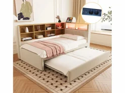 Hot Merax Sofá cama extraíble tapizado - 90 x 200 cm + 90 x 190 cm - LED y enchufes - con almacenaje - Tejido de franela - Beige