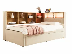 Hot Merax Sofá cama extraíble tapizado - 90 x 200 cm + 90 x 190 cm - LED y enchufes - con almacenaje - Tejido de franela - Beige