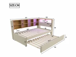 Hot Merax Sofá cama extraíble tapizado - 90 x 200 cm + 90 x 190 cm - LED y enchufes - con almacenaje - Tejido de franela - Beige