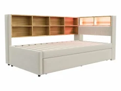 Hot Merax Sofá cama extraíble tapizado - 90 x 200 cm + 90 x 190 cm - LED y enchufes - con almacenaje - Tejido de franela - Beige