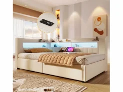 Sale Merax Sofá cama hidráulico con almacenaje para niños - 90 x 200 cm - con USB + Tipo C + LED + almacenaje - lino - Beige