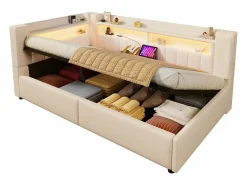 Sale Merax Sofá cama hidráulico con almacenaje para niños - 90 x 200 cm - con USB + Tipo C + LED + almacenaje - lino - Beige