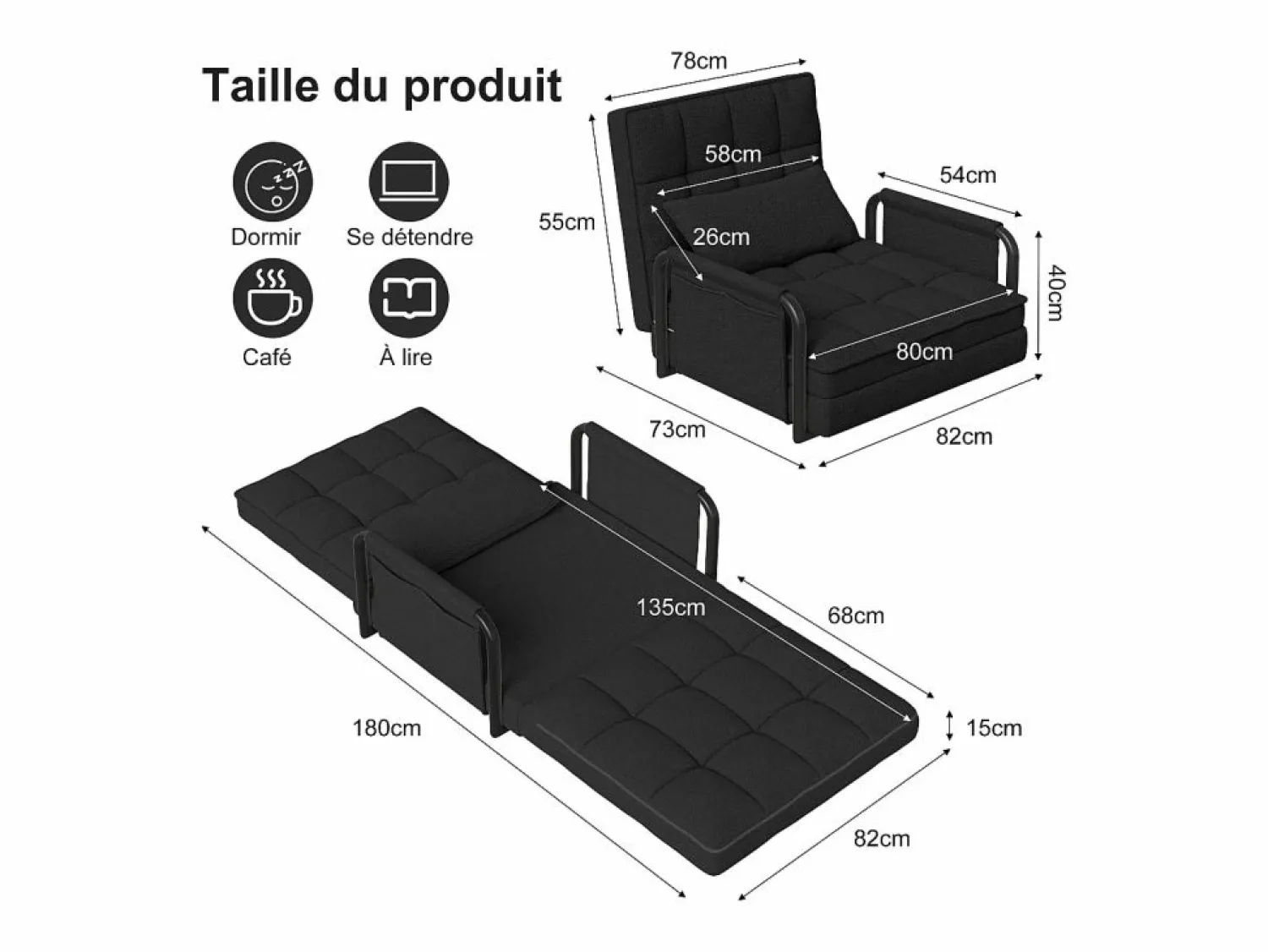 New Sofá cama individual convertible, sillón cama 4 en 1, 5 posiciones ajustables, cojín y reposabrazos de metal, lana de cordero, color Negro