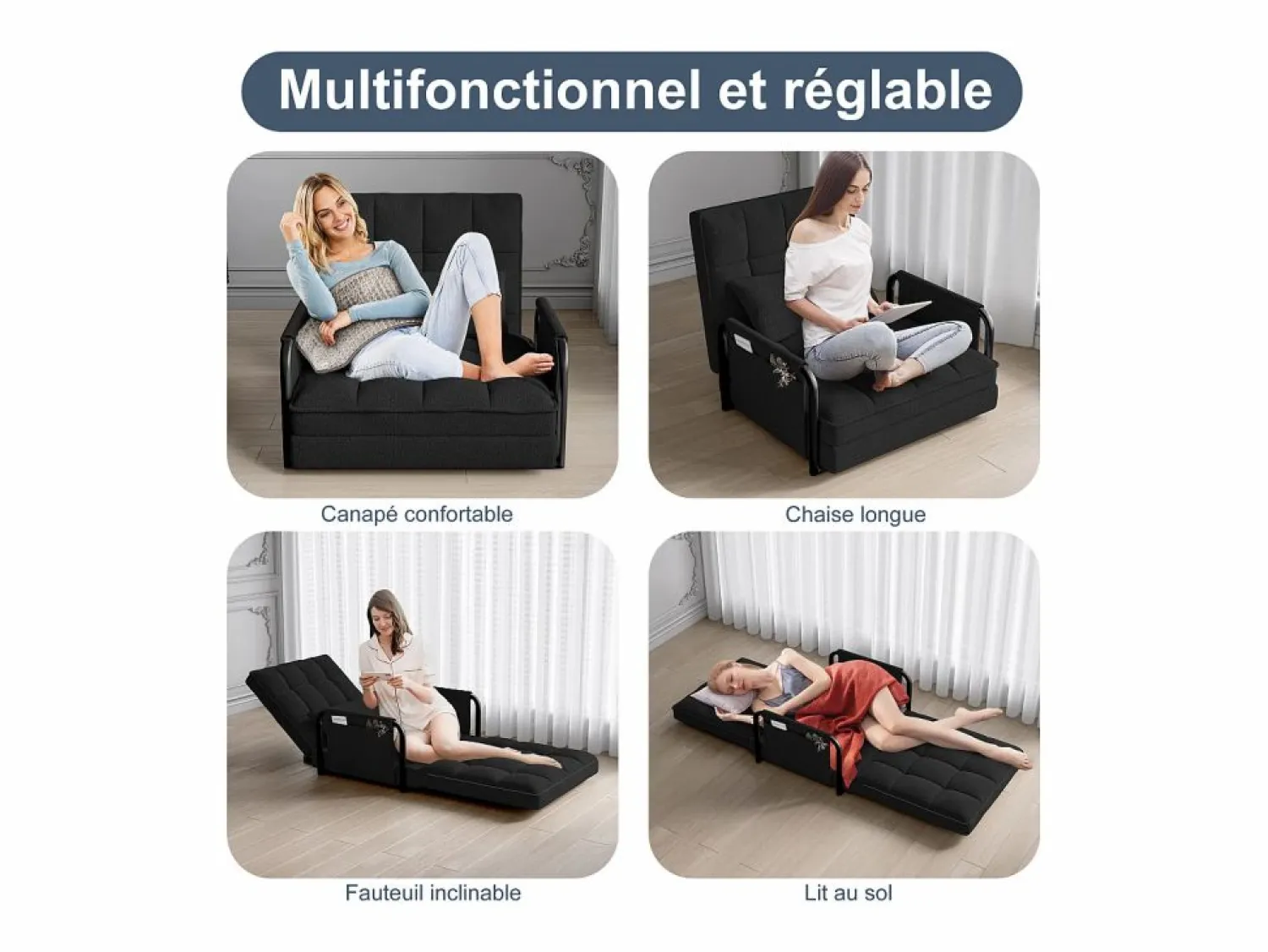 New Sofá cama individual convertible, sillón cama 4 en 1, 5 posiciones ajustables, cojín y reposabrazos de metal, lana de cordero, color Negro