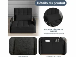 New Sofá cama individual convertible, sillón cama 4 en 1, 5 posiciones ajustables, cojín y reposabrazos de metal, lana de cordero, color Negro