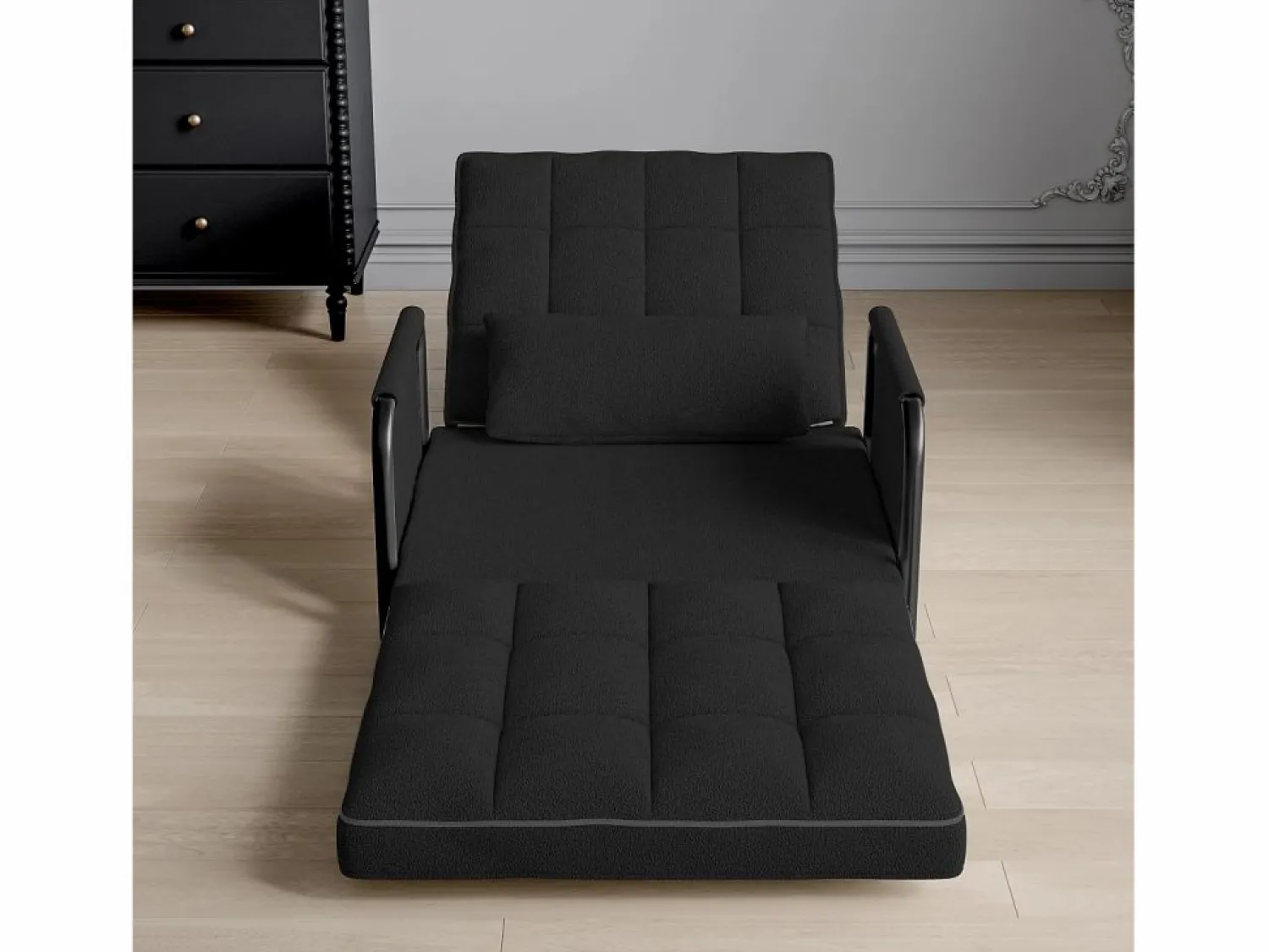 New Sofá cama individual convertible, sillón cama 4 en 1, 5 posiciones ajustables, cojín y reposabrazos de metal, lana de cordero, color Negro