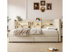 Hot Hauss Spole Sofá cama individual 90x200 cm con 2 cajones, USB + Tipo C y almacenaje, tejido lino Beige