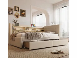 Hot Hauss Spole Sofá cama individual 90x200 cm con 2 cajones, USB + Tipo C y almacenaje, tejido lino Beige