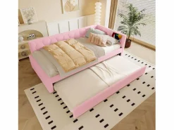 Outlet Merax Sofá cama infantil - 90 x 200 cm + 90 x 190 cm - con lámpara de noche + USB - terciopelo - Rosa
