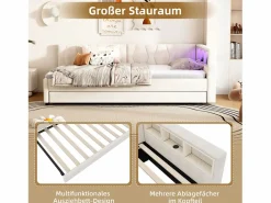 Sofá cama infantil - 90 x 200 cm - espacio de almacenaje sobre la cama - con USB + LED - con cama nido 90 x 190 cm - lino + MDF - Cama Diván