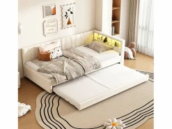Sofá cama infantil - 90 x 200 cm - espacio de almacenaje sobre la cama - con USB + LED - con cama nido 90 x 190 cm - lino + MDF - Cama Diván