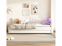 Sofá cama infantil - 90 x 200 cm - espacio de almacenaje sobre la cama - con USB + LED - con cama nido 90 x 190 cm - lino + MDF - Cama Diván