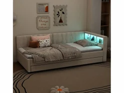 Sofá cama infantil - 90 x 200 cm - espacio de almacenaje sobre la cama - con USB + LED - con cama nido 90 x 190 cm - lino + MDF - Cama Diván