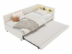 Sofá cama infantil - 90 x 200 cm - espacio de almacenaje sobre la cama - con USB + LED - con cama nido 90 x 190 cm - lino + MDF - Cama Diván