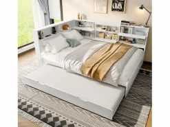 Clearance Merax Sofá cama infantil - 140 x 200 cm + 90 x 190 cm - cama nido - cabecero con almacenaje - madera + MDF - Blanco