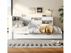 Clearance Merax Sofá cama infantil - 140 x 200 cm + 90 x 190 cm - cama nido - cabecero con almacenaje - madera + MDF - Blanco