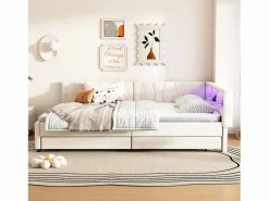 Merax Sofá cama infantil - 140 x 200 cm - cabecero con almacenaje + LED - 2 cajones - lino - Beige