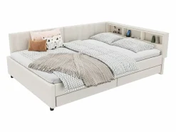 Merax Sofá cama infantil - 140 x 200 cm - cabecero con almacenaje + LED - 2 cajones - lino - Beige