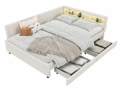 Merax Sofá cama infantil - 140 x 200 cm - cabecero con almacenaje + LED - 2 cajones - lino - Beige