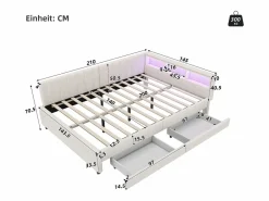 Merax Sofá cama infantil - 140 x 200 cm - cabecero con almacenaje + LED - 2 cajones - lino - Beige