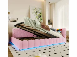 Merax Sofá cama infantil - 140 x 200 cm - con LED + almacenaje hidráulico + USB - terciopelo -