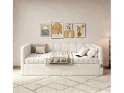 Merax Sofá cama infantil tapizado - 90/180 x 190 cm - con 2 cajones + puerto USB - lino -