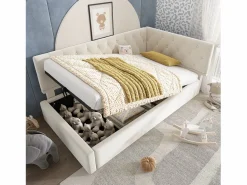 Hot Merax Sofá cama infantil tapizado - 90 x 190 cm - con almacenaje hidráulico - terciopelo - Beige