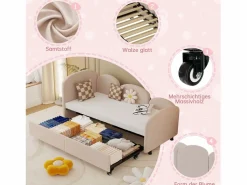 Best Merax Sofá cama infantil tapizado - 90 x 200 cm - con cajón de almacenaje - en terciopelo - Rosa