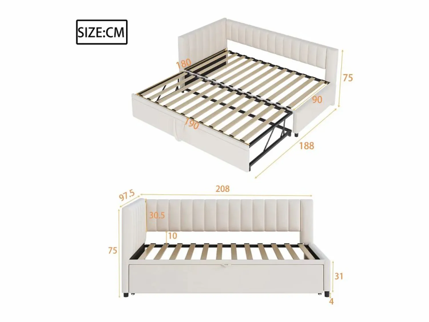 Online Sofá cama infantil 90/180x200cm en terciopelo convertible, con respaldo y cabecero acolchados, sin colchón Cama Nido
