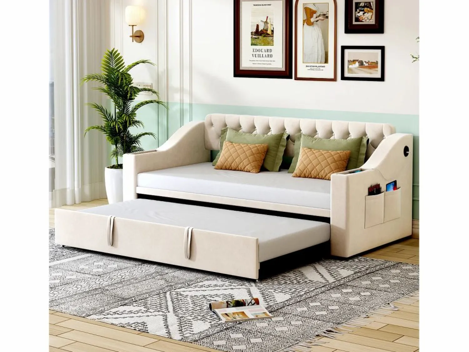 Outlet Hauss Spole Sofá cama infantil 90/180x190cm convertible en terciopelo , con puertos USB y toma de corriente, sin colchón Beige