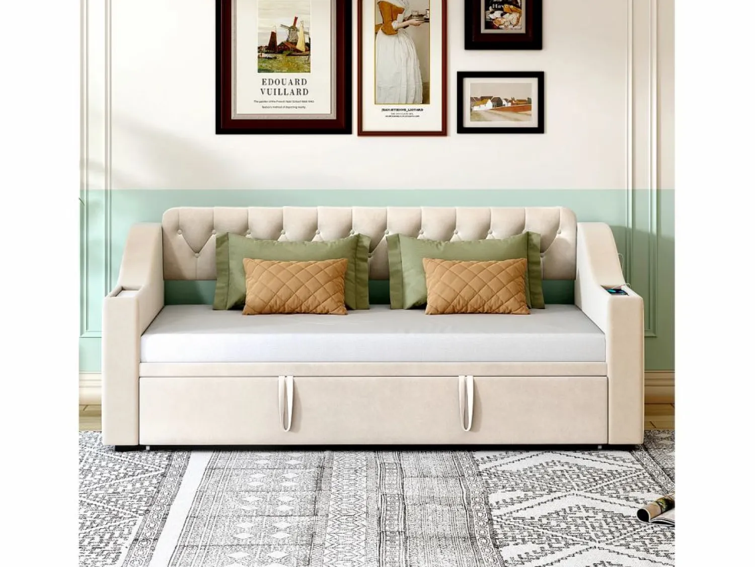 Outlet Hauss Spole Sofá cama infantil 90/180x190cm convertible en terciopelo , con puertos USB y toma de corriente, sin colchón Beige