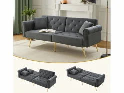 Merax Sofá cama moderno de 2 plazas – 173 x 75 x 70 cm – Respaldo regulable en 3 niveles + patas de metal dorado – Terciopelo –