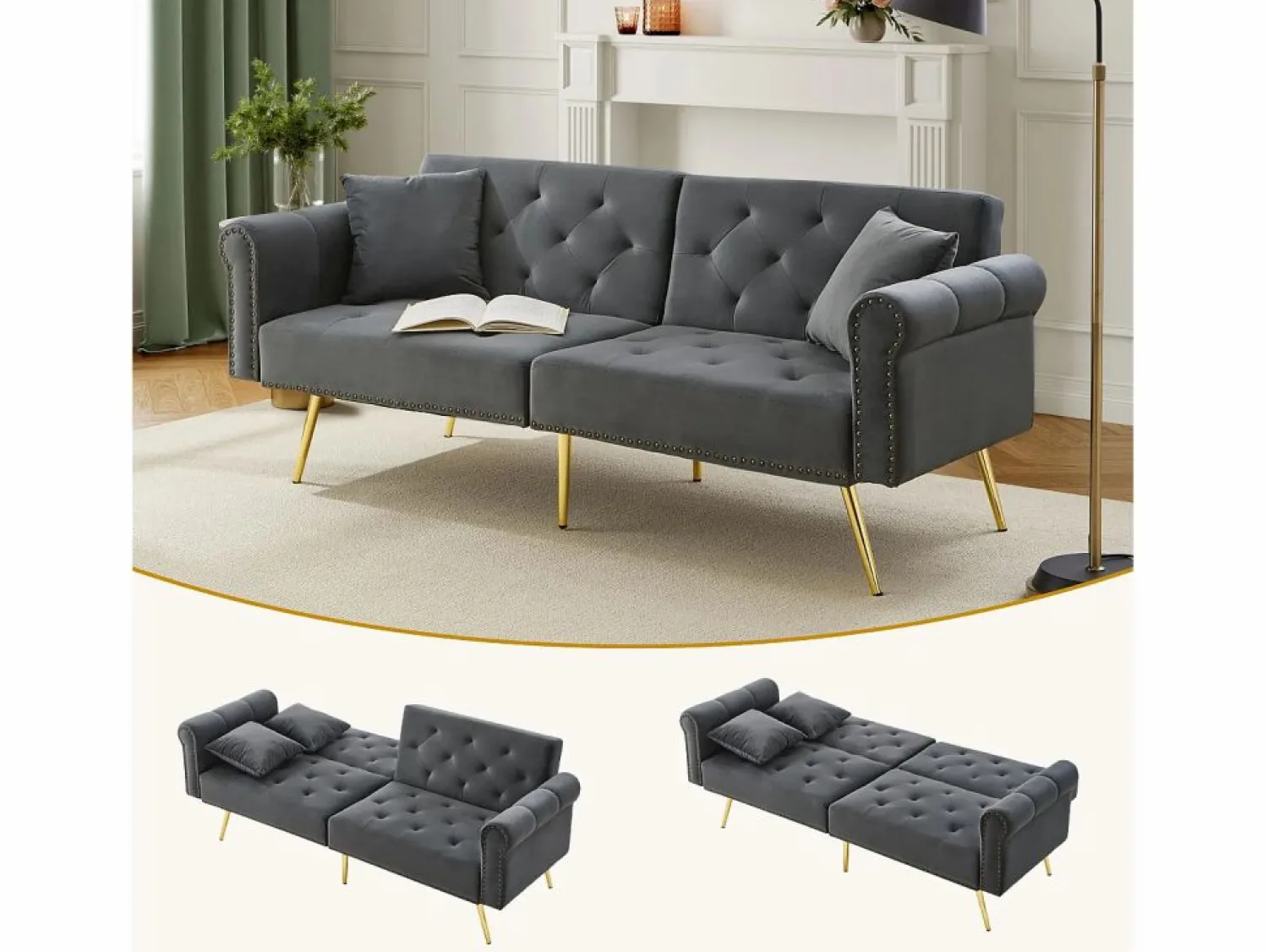 Merax Sofá cama moderno de 2 plazas – 173 x 75 x 70 cm – Respaldo regulable en 3 niveles + patas de metal dorado – Terciopelo –