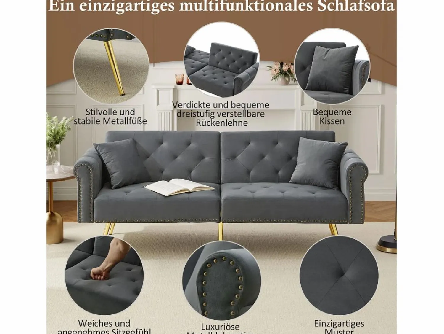 Merax Sofá cama moderno de 2 plazas – 173 x 75 x 70 cm – Respaldo regulable en 3 niveles + patas de metal dorado – Terciopelo –