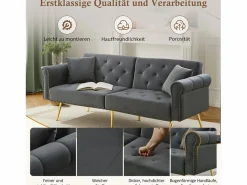 Merax Sofá cama moderno de 2 plazas – 173 x 75 x 70 cm – Respaldo regulable en 3 niveles + patas de metal dorado – Terciopelo –