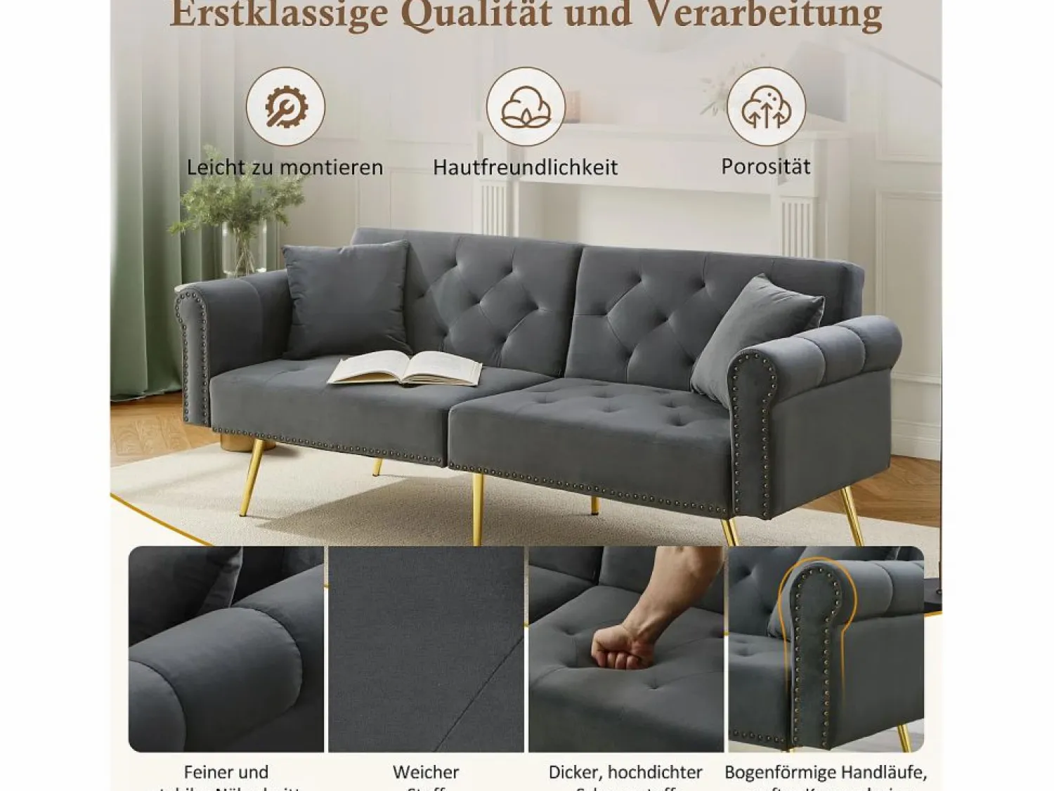 Merax Sofá cama moderno de 2 plazas – 173 x 75 x 70 cm – Respaldo regulable en 3 niveles + patas de metal dorado – Terciopelo –