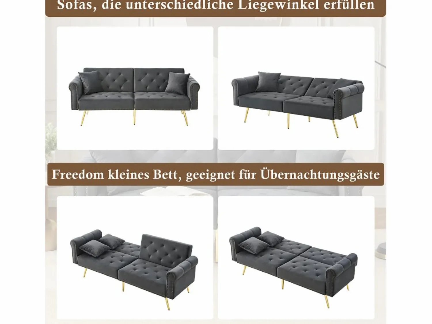 Merax Sofá cama moderno de 2 plazas – 173 x 75 x 70 cm – Respaldo regulable en 3 niveles + patas de metal dorado – Terciopelo –