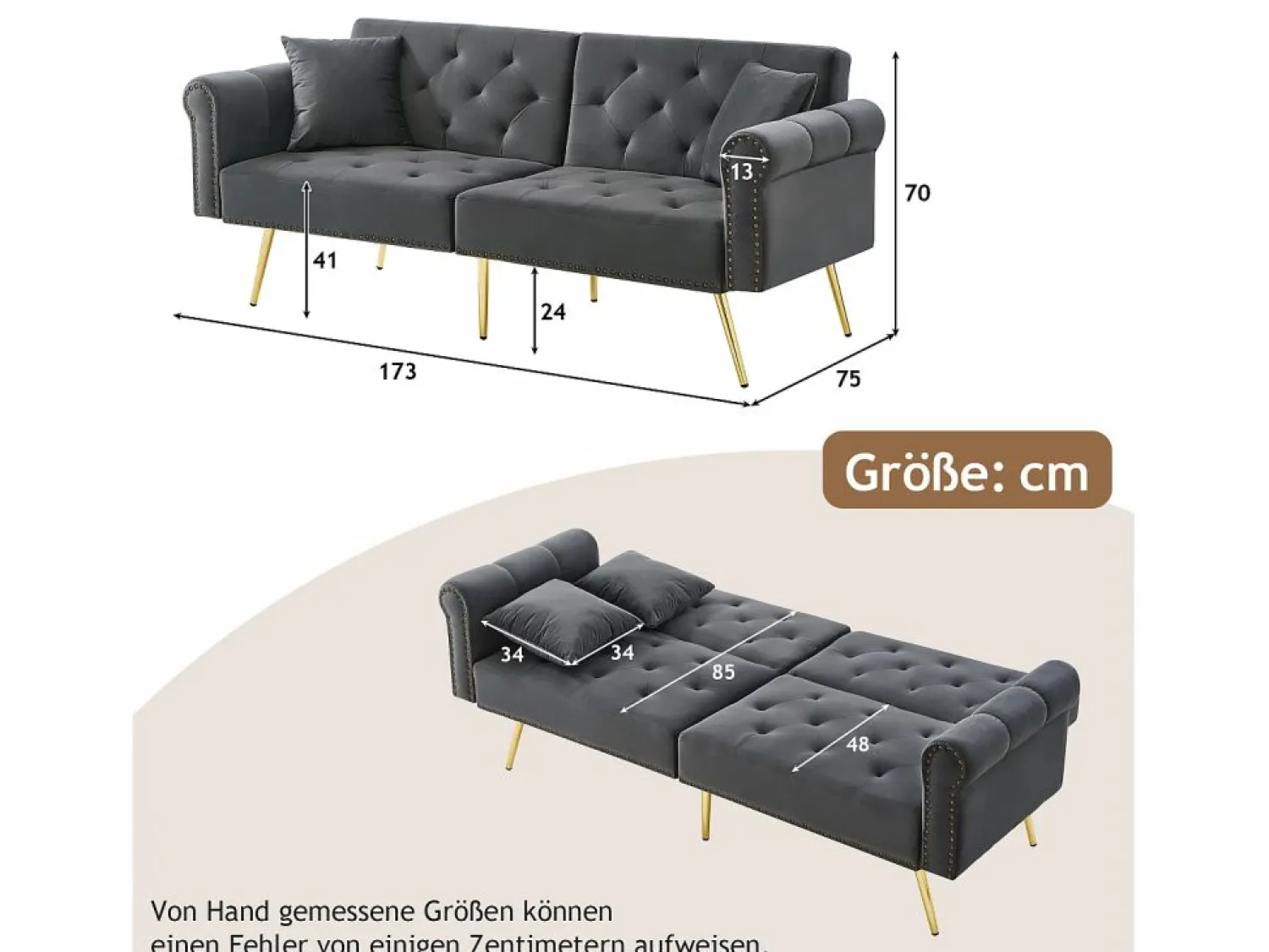 Merax Sofá cama moderno de 2 plazas – 173 x 75 x 70 cm – Respaldo regulable en 3 niveles + patas de metal dorado – Terciopelo –