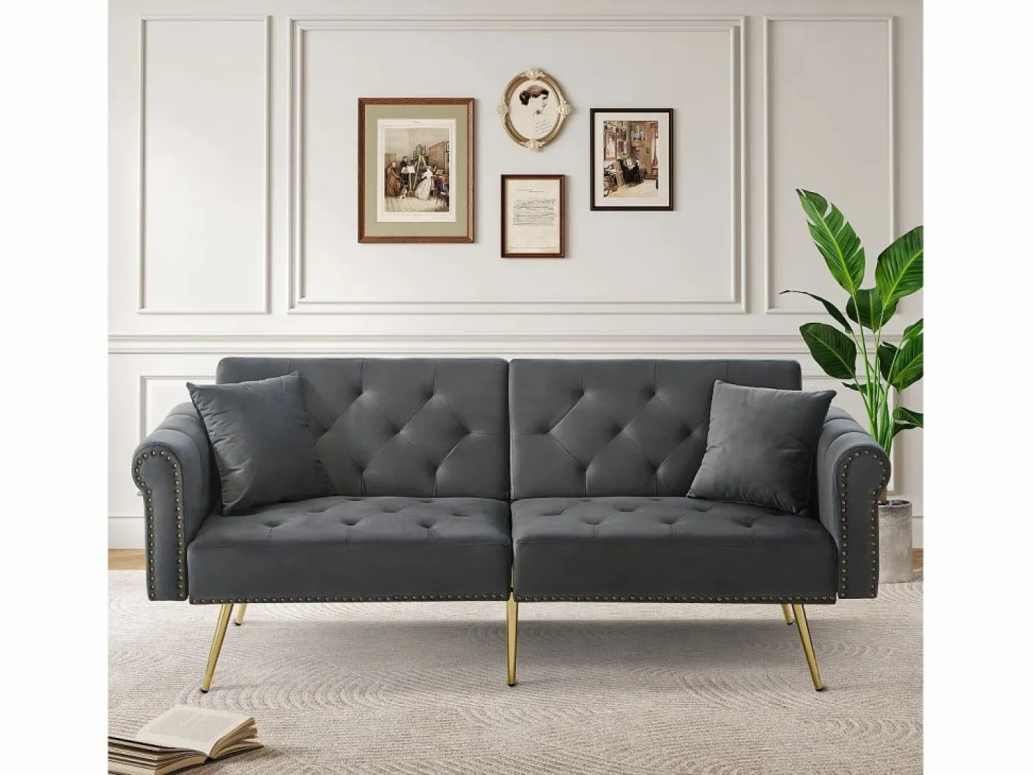 Merax Sofá cama moderno de 2 plazas – 173 x 75 x 70 cm – Respaldo regulable en 3 niveles + patas de metal dorado – Terciopelo –