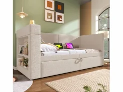 OKWISH Sofá cama nido de 90 x 200 cm, lino , con cargador USB, portavasos y estante de almacenamiento (sin colchón)