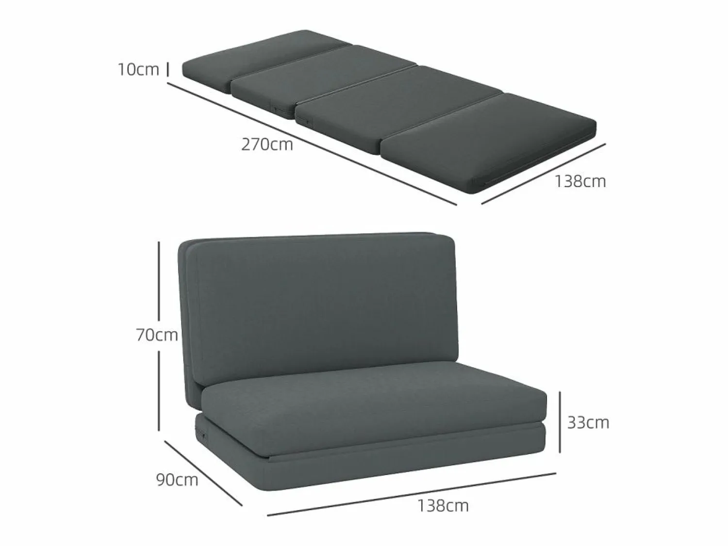 Sale Sofá cama plegable 3 en 1, funda de terciopelo, espuma gruesa, oscuro (270 x 138 x 10 cm) Gris