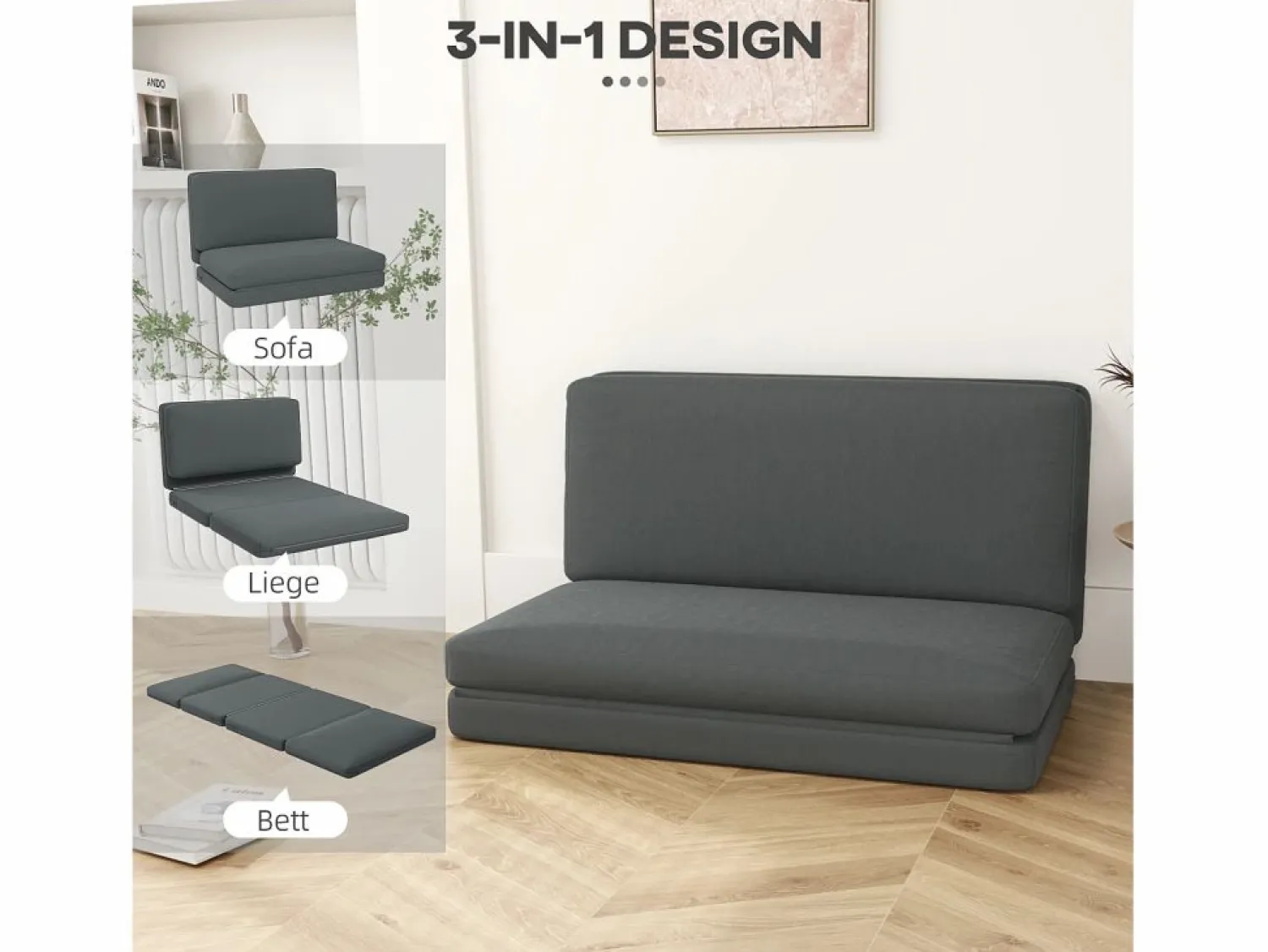 Sale Sofá cama plegable 3 en 1, funda de terciopelo, espuma gruesa, oscuro (270 x 138 x 10 cm) Gris