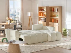 Vente-unique Sofá cama rinconera reversible de tela de felpa crema ISSORO