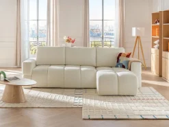 Vente-unique Sofá cama rinconera reversible de tela de felpa crema ISSORO