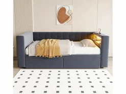 Clearance Sofá cama tapizado - 90 x 190 cm - con LED + enchufe + 2 cajones + estante - Franela - oscuro Cama Diván