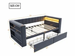 Clearance Sofá cama tapizado - 90 x 190 cm - con LED + enchufe + 2 cajones + estante - Franela - oscuro Cama Diván