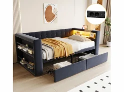 Clearance Sofá cama tapizado - 90 x 190 cm - con LED + enchufe + 2 cajones + estante - Franela - oscuro Cama Diván