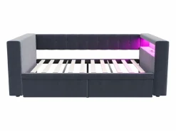 Clearance Sofá cama tapizado - 90 x 190 cm - con LED + enchufe + 2 cajones + estante - Franela - oscuro Cama Diván
