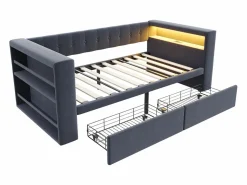 Clearance Sofá cama tapizado - 90 x 190 cm - con LED + enchufe + 2 cajones + estante - Franela - oscuro Cama Diván